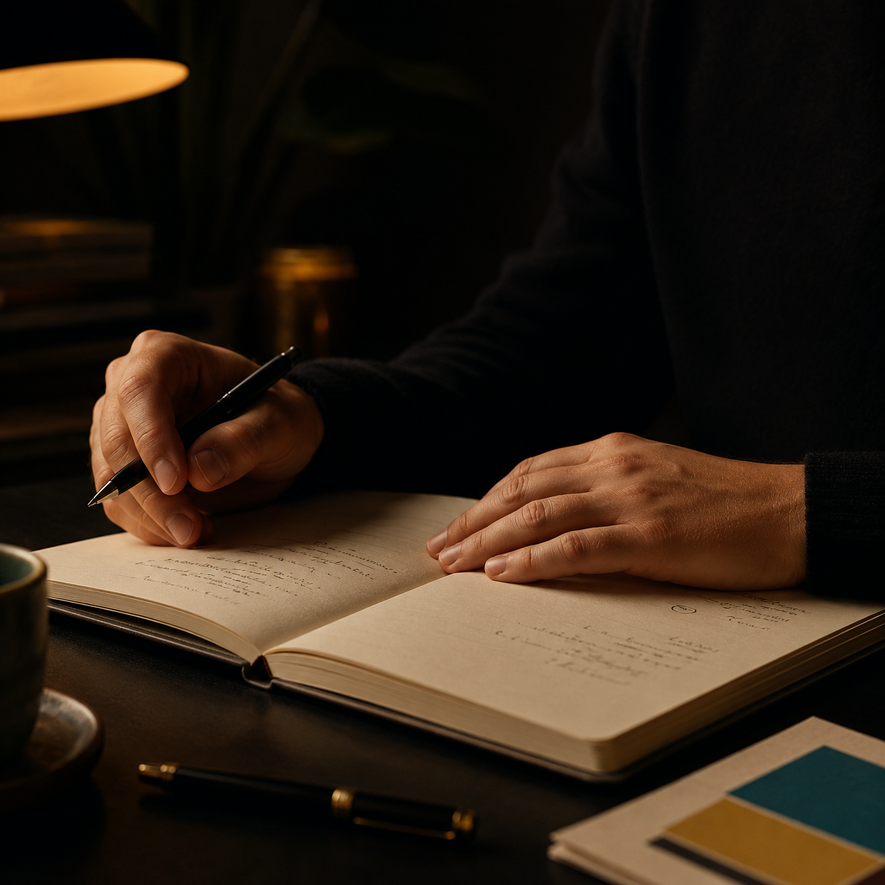 The Operator — hands writing in a notebook