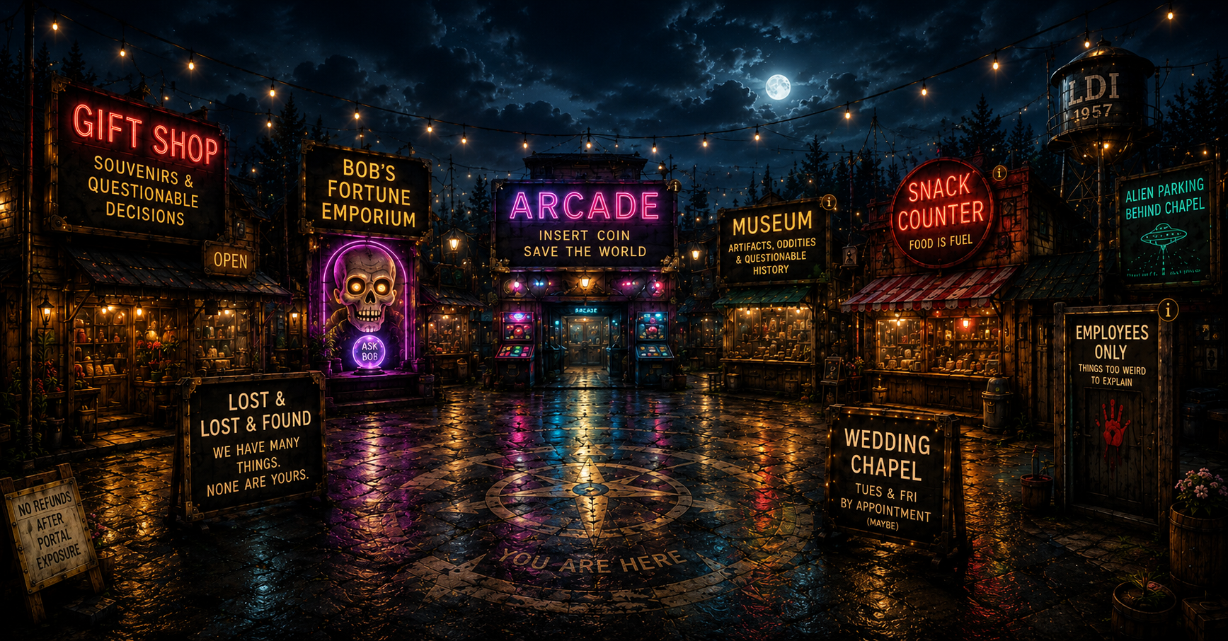 The Midway — a rain-slicked courtyard at night surrounded by neon signs for each district